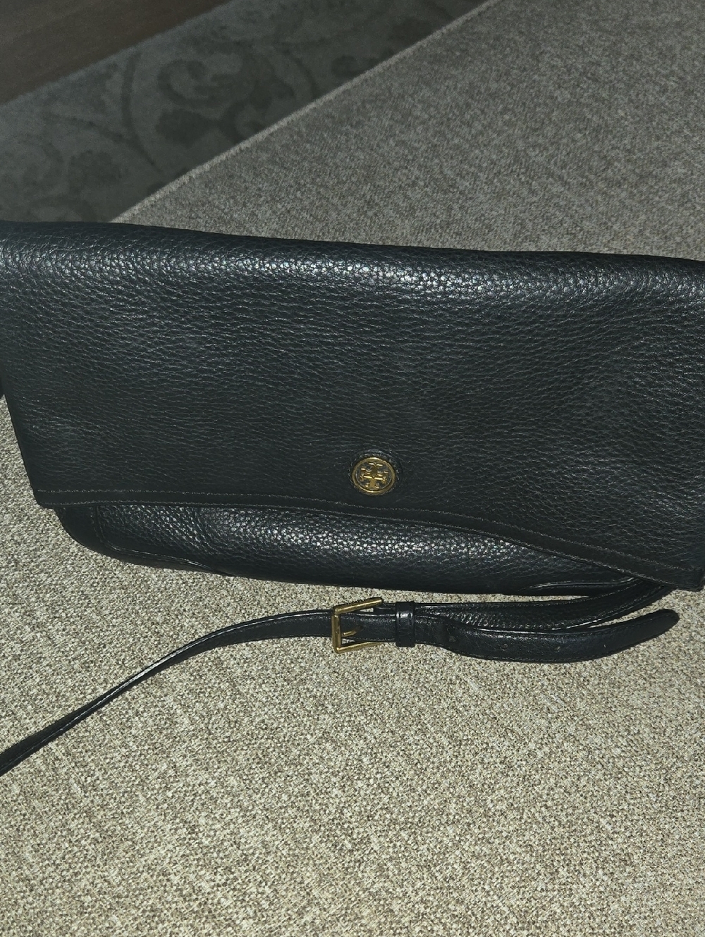 Tory Burch Black Pebbled Leather Foldover Crossbody with Gold Logo